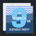 Nine Year Old Birthday Blue Pattern For Boy V06H2 Invitation<br><div class="desc">9th Birthday Blue Pattern For Boy V06 BLUE Background This chevron pattern with a custom name ribbon is a fun yet elegant way to invite folks for a 9 year old's ninth birthday party celebration. All text is totally customisable. You can experiment with different paper types by clicking on the...</div>