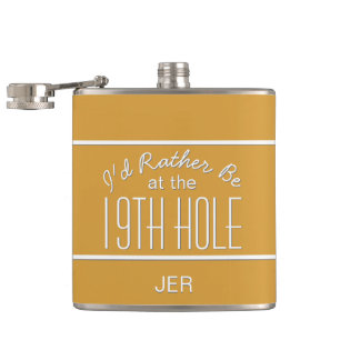 Nineteenth Hole Golf Course Quote Monogram Yellow Hip Flask