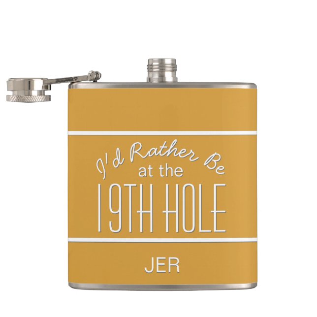 Nineteenth Hole Golf Course Quote Monogram Yellow Hip Flask (Opened)