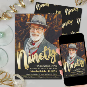 Ninety 90th Birthday party black gold custom photo Invitation