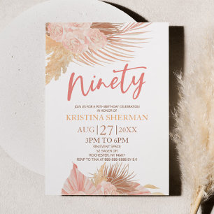 Ninety Boho Pink Floral 90th Birthday Party Invitation