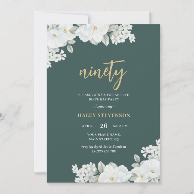 Ninety Emerald Green & Gold White Floral Birthday Invitation (Front)
