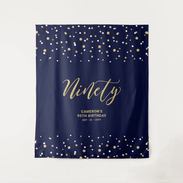Ninety Gold & Navy 90th Birthday Party Backdrop Tapestry (Front)