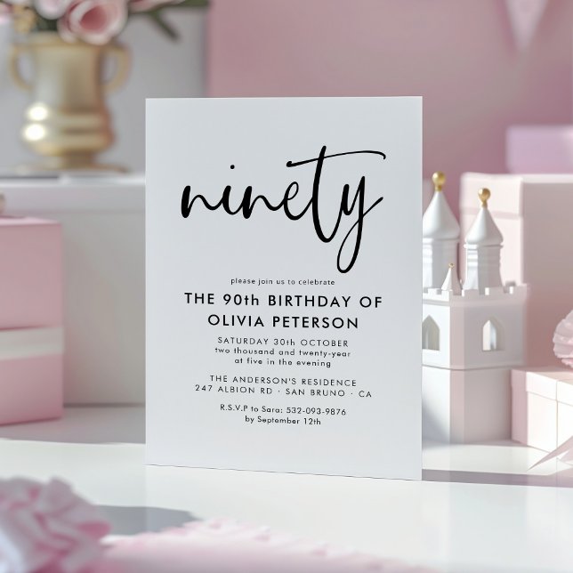 Ninety | Modern 90th Black & White Birthday Party Magnetic Invitation (Creator Uploaded)