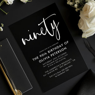 Ninety Modern 90th White on Black Birthday Party Invitation