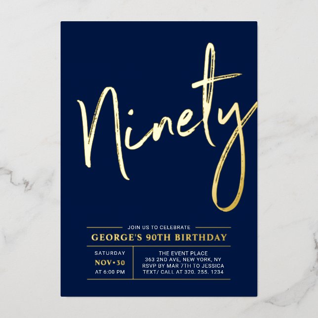 Ninety | Modern Gold Navy 90th Birthday Party (Front)