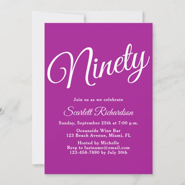 Ninety Modern Script Dark Pink 90th Birthday Party Invitation (Front)