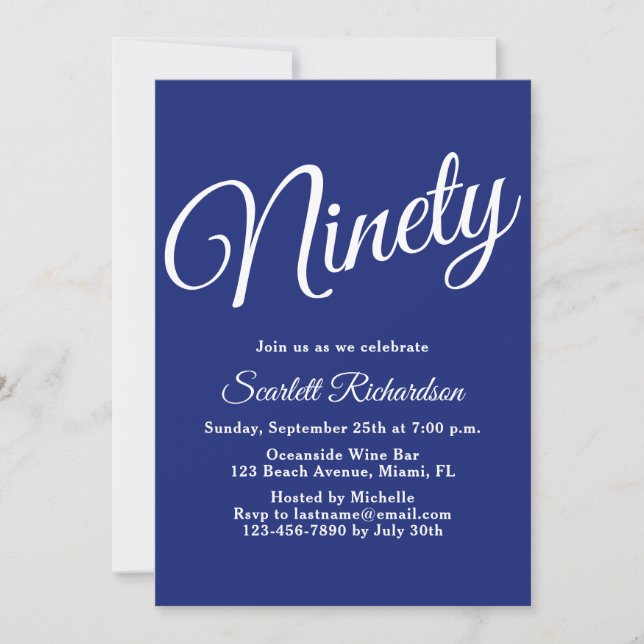 Ninety Modern Script Navy Blue 90th Birthday Party Invitation (Front)