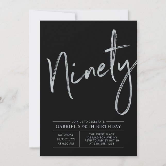 Ninety | Modern Silver & Black 90th Birthday Party Invitation (Front)