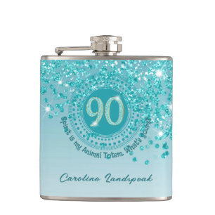 Ninety & Teal Blue Glitter & Drinking Quote Hip Flask