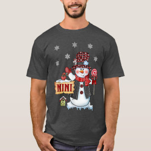 Nini Snowman Christmas Candy Cane Red Plaid Santa T-Shirt