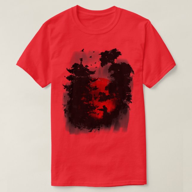 Ninja Academy Japanese Martial Arts Temple with Bo T-Shirt (Design Front)