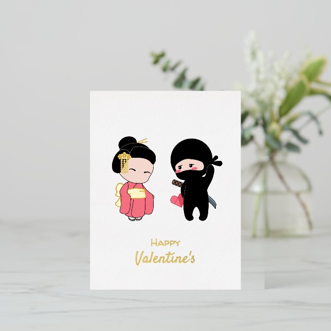 Ninja and Geisha Happy Valentine Foil Holiday Postcard (Standing Front)