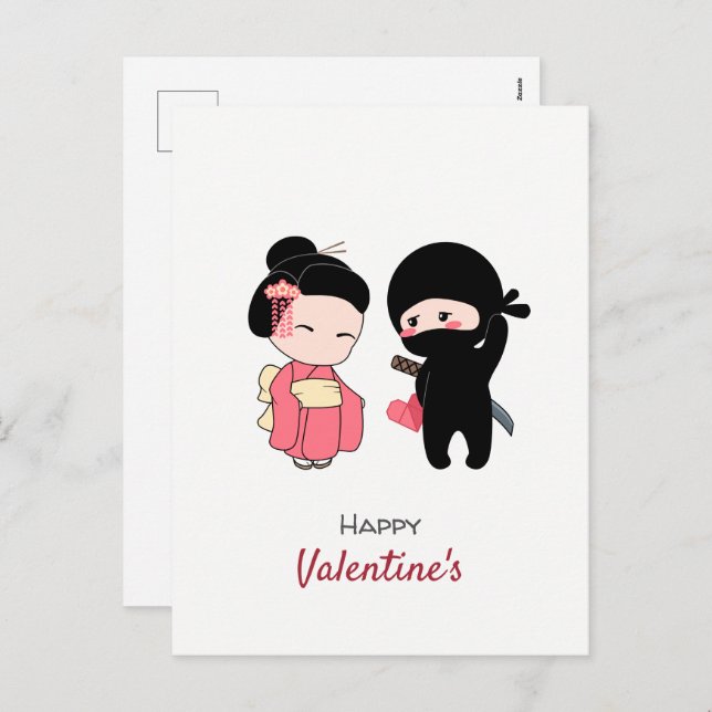Ninja and Geisha Happy Valentine Holiday Postcard (Front/Back)