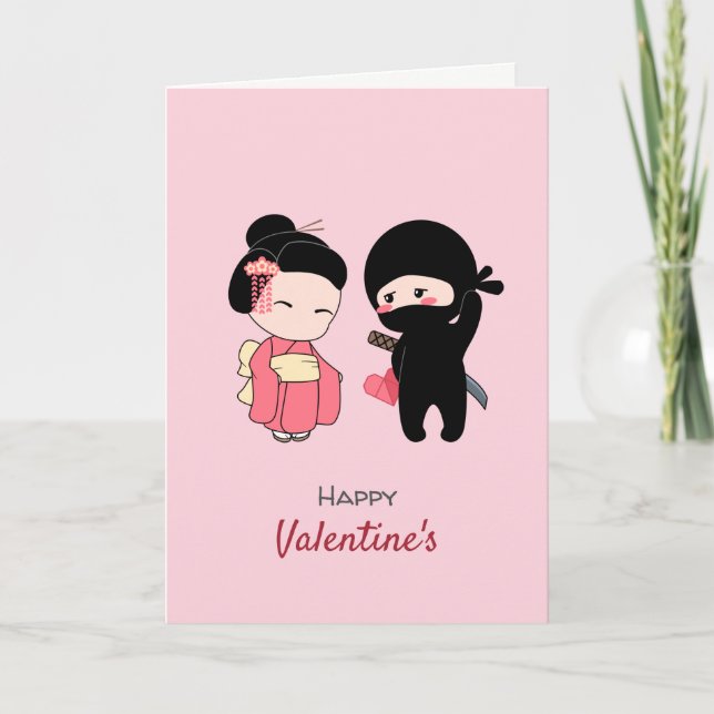 Ninja and Geisha Happy Valentine on Pink Holiday Card (Front)