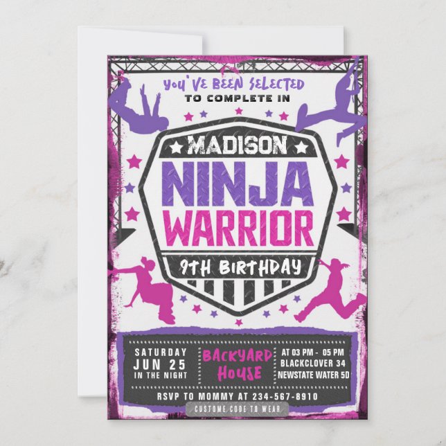 Ninja Athletic Warrior Pink Purple Birthday Party Invitation (Front)