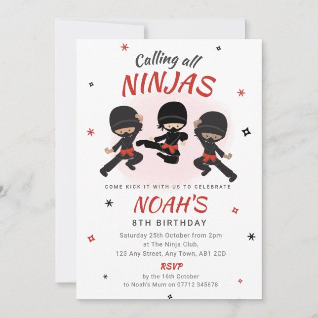Ninja Birthday Invitation - Red Karate Party (Front)
