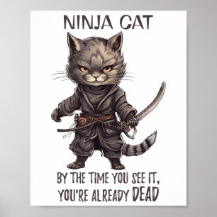 Ninja Cat, Japanese Samurai Kawaii Cat Tattoo Funn Poster