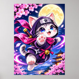 Ninja Cat Kawaii Kitten Japanese Anime Poster