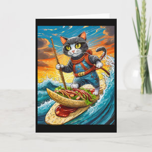 Ninja Cat Surfing A Taco Surfboard With Hot Sauce Card