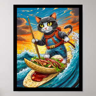 Ninja Cat Surfing A Taco Surfboard With Hot Sauce Poster