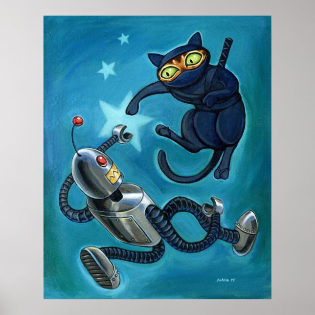 Ninja cat vs Robot Poster (Front)