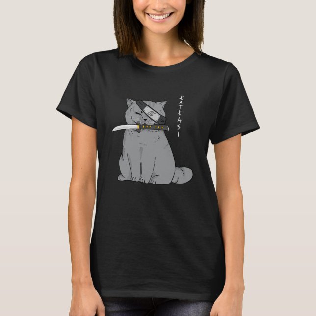 Ninja Cat with Samurai Sword In Mouth 1 T-Shirt (Front)