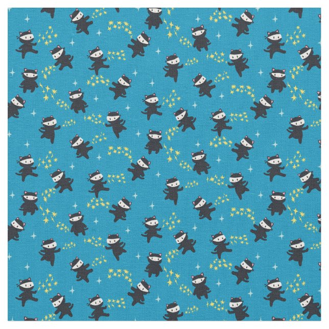 Ninja Cats with Star Power on Blue Fabric (Close Up)