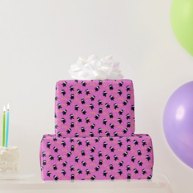 Ninja Cats with Star Power on Pink Wrapping Paper (Party Gifts)