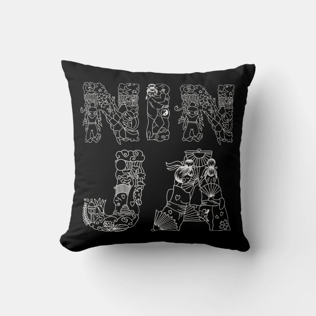 Ninja Elegant White Text On Black Cushion (Front)