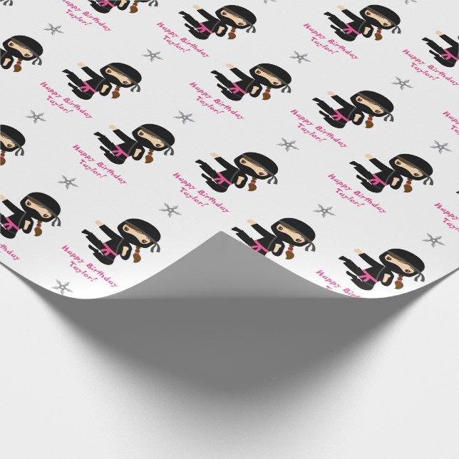 Ninja Gift Wrap Girl Pink Black Personalised (Corner)