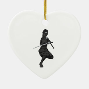 Ninja in Fighting Stance Holding Katana Sword Ceramic Tree Decoration