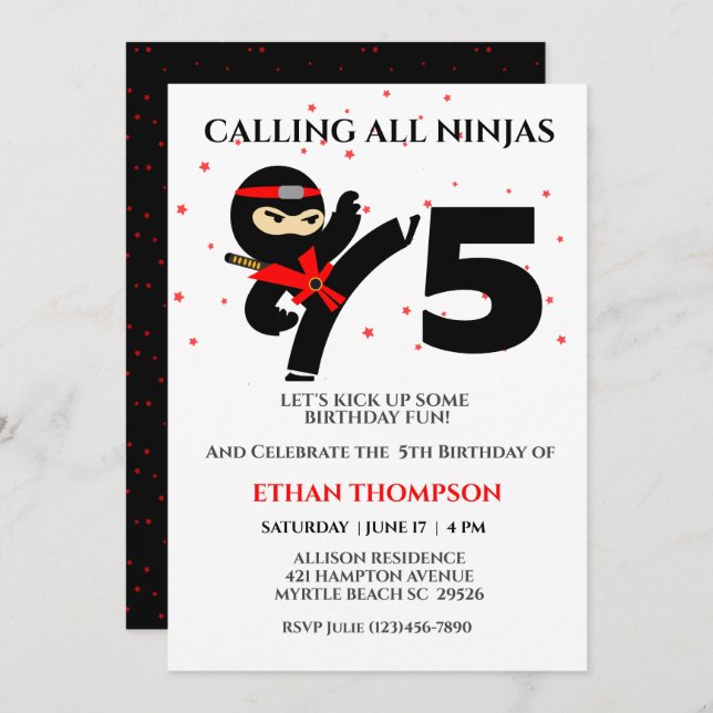  Ninja Karate Birthday Custom Age Party Invitation (Front/Back)