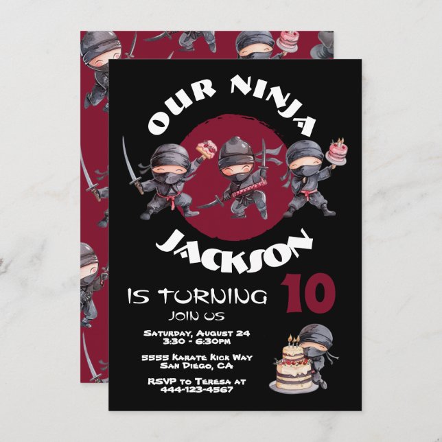 Ninja Karate Cake Warrior Birthday Party Invitation (Front/Back)