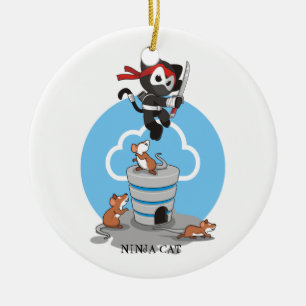 Ninja Kitty with Mice Ceramic Tree Decoration