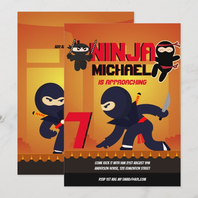 NINJA MOVIE STAR WARRIOR Boys Girls Cartoon Party Invitation (Front/Back)