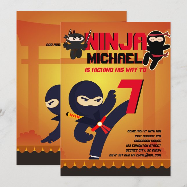NINJA MOVIE STAR WARRIOR Boys Girls Cartoon Party Invitation (Front/Back)