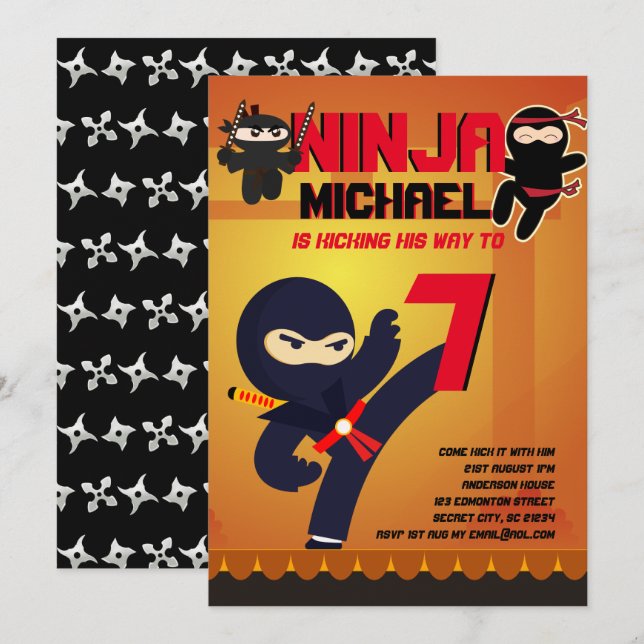 NINJA MOVIE STAR WARRIOR Boys Girls Cartoon Party Invitation (Front/Back)