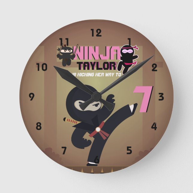 NINJA Movie Star Warrior Kicking it Karate Kids Round Clock (Front)