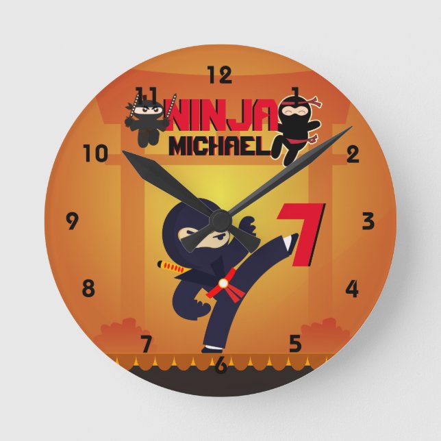 NINJA Movie Star Warrior Kicking it Karate Kids Round Clock (Front)