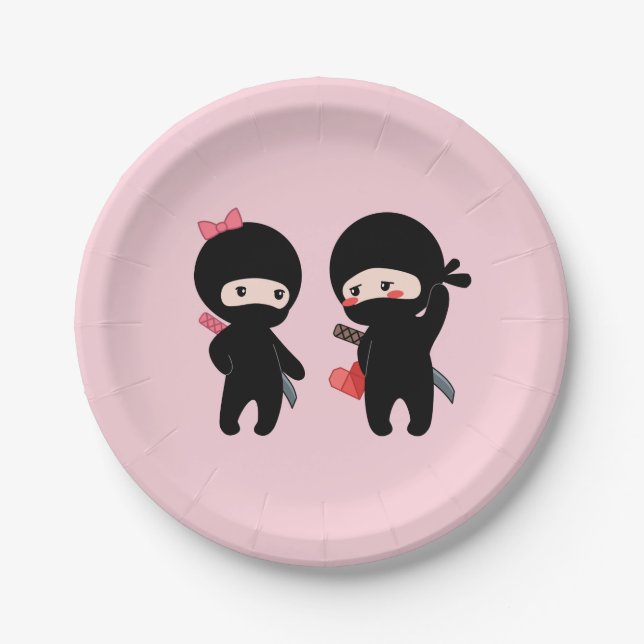 Ninja Pair, a Boy and a Girl on Pink Paper Plate (Front)