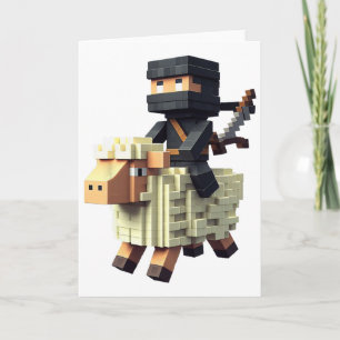 Ninja Riding Sheep Block Style Character Pixel Art Card