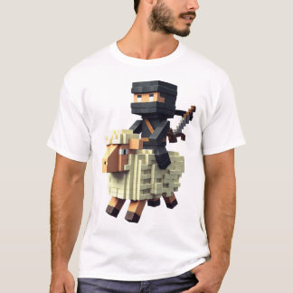 Ninja Riding Sheep Block Style Character Pixel Art T-Shirt