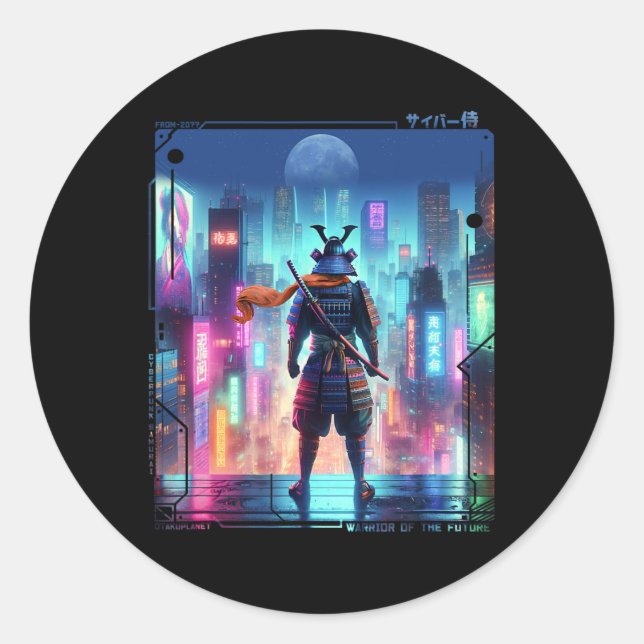 Ninja Samurai Electric Pole In Japanese Retro Cybe Classic Round Sticker (Front)