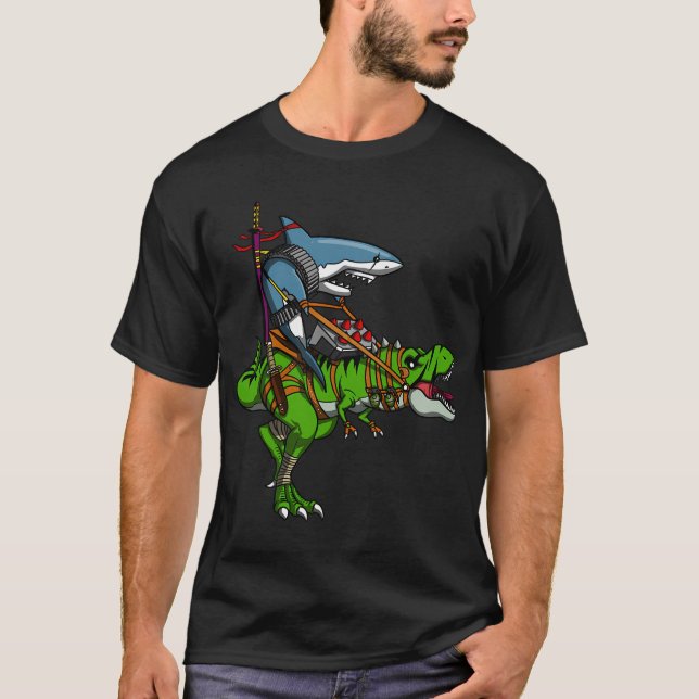 Ninja Shark Riding T-Rex Dinosaur T-Shirt (Front)