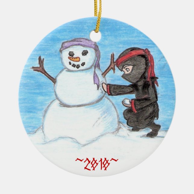 Ninja Snowman Ceramic Tree Decoration (Front)