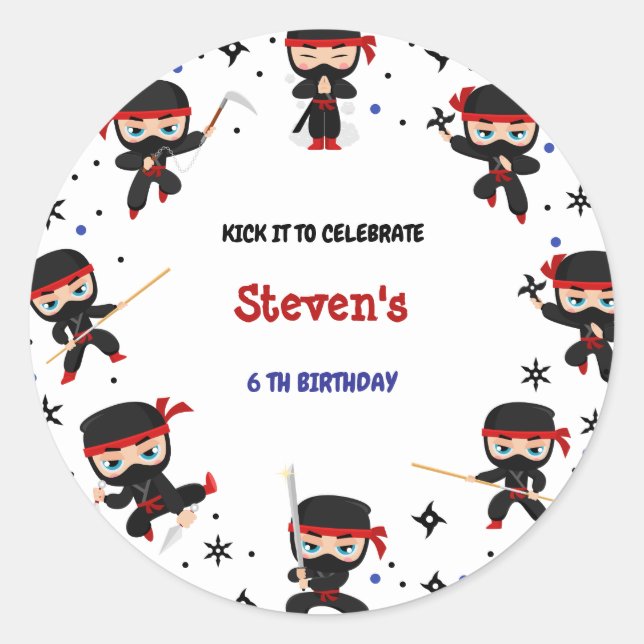Ninja style kids birthday classic round sticker (Front)