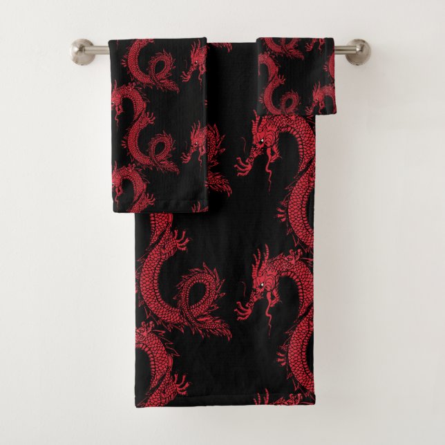 Ninja Style Red Chinese Dragons & Black Bath Towel Set (Insitu)