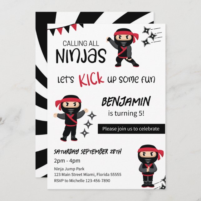 Ninja Theme Birthday Martial Arts Warrior Invitation (Front/Back)