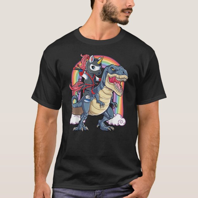 Ninja Unicorn Riding Dinosaur T rex Funny Men Wome T-Shirt (Front)